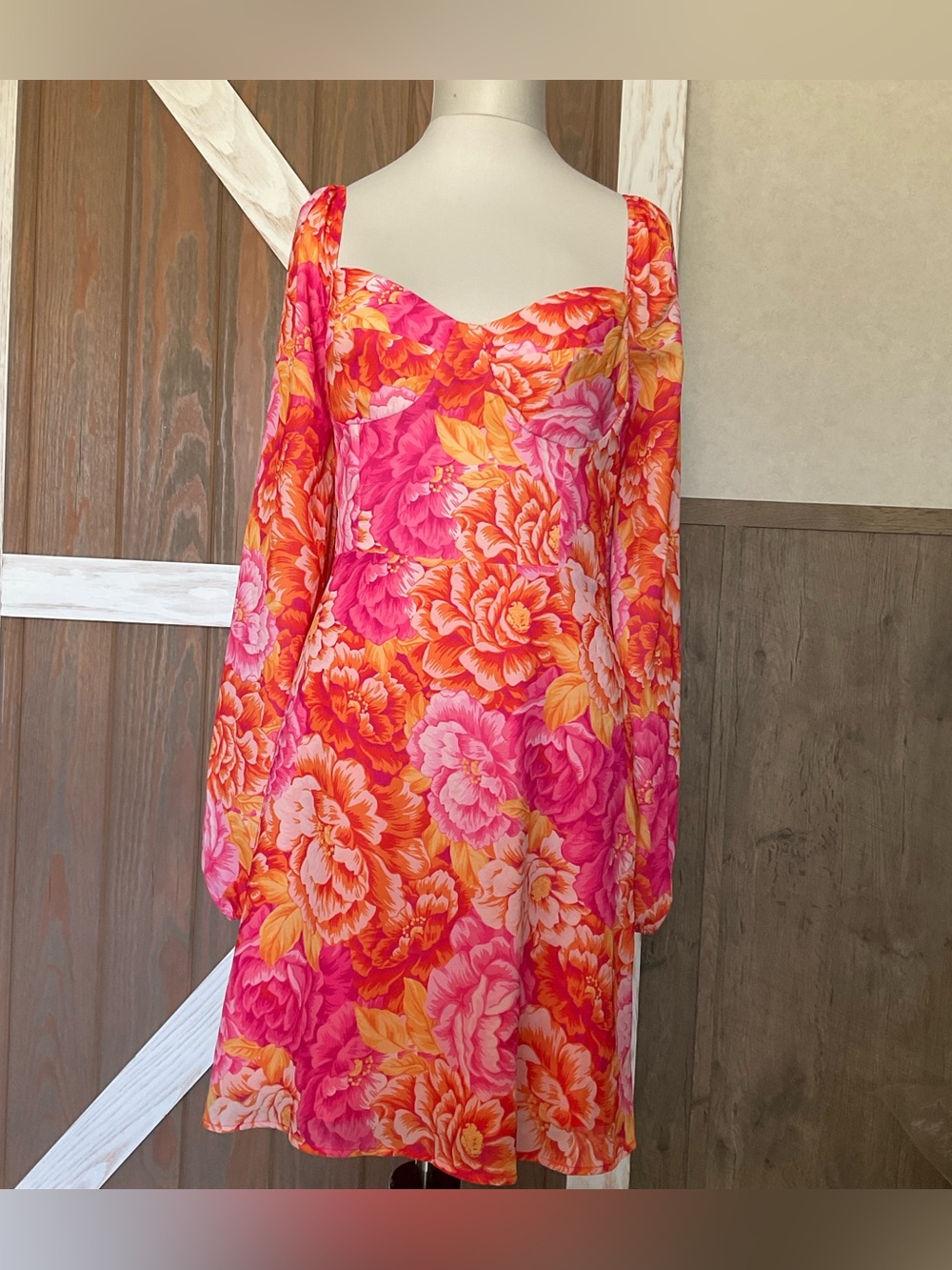 Steve Madden Floral Mini Dress, Pink Orange Sweetheart Neck Long Sleeve Size 10 - Picture 4 of 6